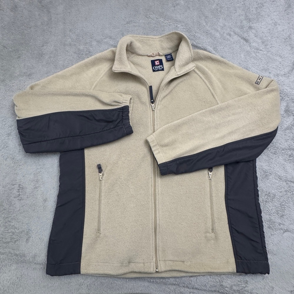 Chaps Men's Fleece Full Zip Long Sleeve Size XL Beige and Grey Super Clean